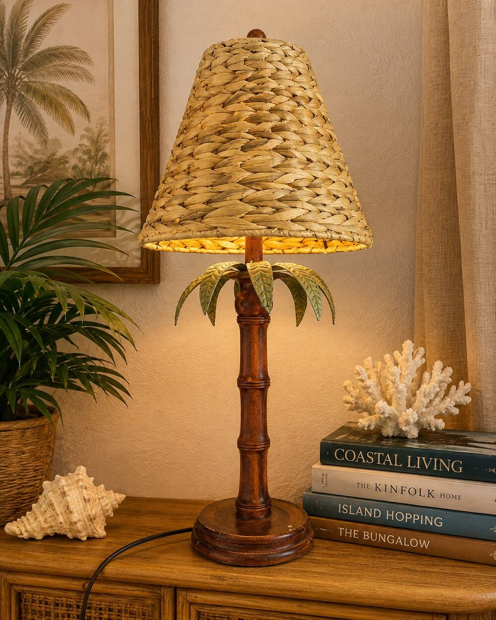 Vintage Tropical Palm Tree Bamboo Table Lamp Woven Rattan Shade Coastal Tiki